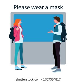 Young people talking about the danger of coronavirus2019 (covit-19), cartoon illustration, vector characters, gray sky background