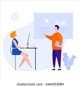 Young people talking about work tasks on meeting. Flipchart with graph and diagram. Creative business concept. Office interior. Modern vector illustration. Flat