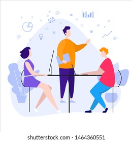 Young people talking about work tasks on meeting behaind them visualize icon graph and diagram. Creative business concept. Office interior. Modern vector illustration. Flat