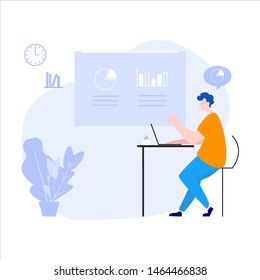 Young people talking about work tasks on meeting. Flipchart with graph and diagram. Creative business concept. Office interior. Modern vector illustration. Flat