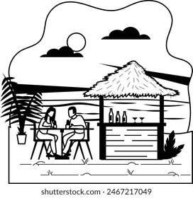 Young people talking at beach bar vector design, Nature landscape postcard Scenic Summer Season Vibes, Idyllic Remote illustration, Couple Sitting near Chiringuito and Enjoying drinks concept