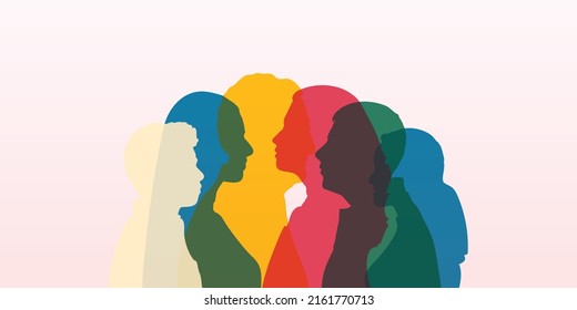 Young people talking. Colored silhouette profiles. Dialogue and comparison between students. Contour line and Talking crowd. Vector Multiple exposure. Local and regional culture.