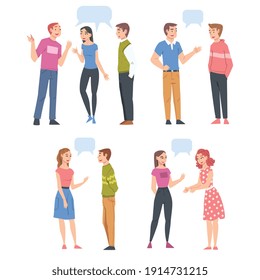 Young People Talking to Each Other with Speech Bubbles Set, Friends or Colleagues Gossiping, Chatting or Sharing Impressions Cartoon Style Vector Illustration