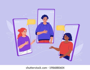 Young people are talking on a video call via a smartphone. Concept of remote online communication of diverse friends on the network, teamwork of colleagues, meeting of friends. Vector illustration