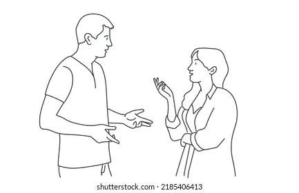 Young People Talking. Social Networks, Dialog And Conversation Concept. Hand Drawn Vector Illustration. Black And White.