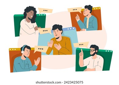 Young people talking via video. Video conference. Interview. Vector illustration in modern style.