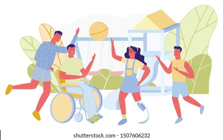 Young People Team Playing with Ball Flat Cartoon Vector Illustration. Disabled Children on Wheelchair and with Prosthesis Doing Sport Together with Teenagers. Having Fun on Field. Problems with Legs.