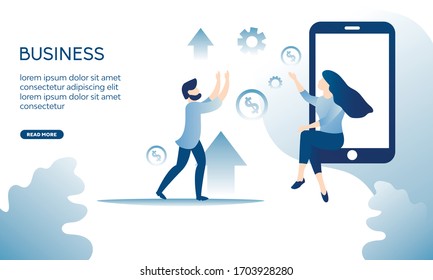 Young people, teamwork concept, smartphone, flat vector illustration