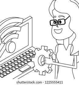 Young people and technical support black and white
