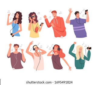 Young people teen characters listen to music and dance isolated set. Vector flat graphic design illustration