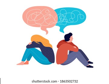 Young people, teenagers, couple of girl and boy, sitting back to back, sad and angry on each other. Breaking up, relationship issues, broken heart, separating concept. Vector illustration