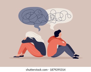 Young people, teenagers, couple of girl and boy, sitting back to back, sad and angry on each other. Breaking up, relationship issues, broken heart, separating concept