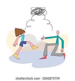 Young people, teenagers, couple of girl and boy, stand on abstract background, sad and angry on each other. Breaking up, relationship issues, broken heart, separating concept