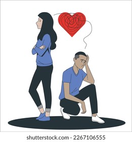 Young people, teenagers, couple of girl and boy, sitting back to back, sad and angry on each other. Breaking up, relationship issues, broken heart, separating concept. Vector illustration