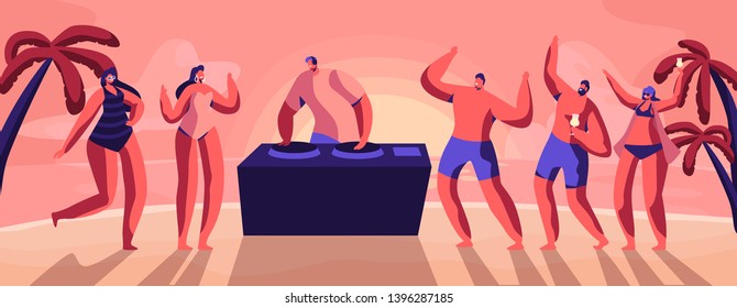 Young People, Teenagers Dancing and Drinking Cocktails on Seaside at Summer Time Beach Party with DJ Playing Modern Music at Sunset Tropical Landscape with Palms View. Cartoon Flat Vector Illustration