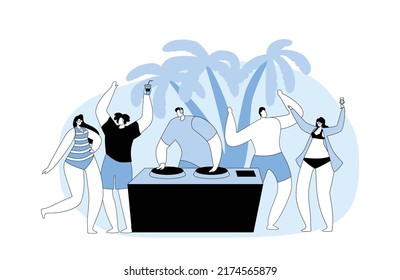 Jóvenes, adolescentes en grupo bailando y bebiendo cócteles en la fiesta playera en verano con DJ tocando música moderna en el paisaje tropical con palmeras. Ilustración de vectores lineales