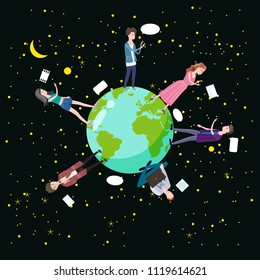 Young people teenagers men and girls communicate in social networks, smartphones, chat rooms, instant messengers, worldwide, concept, vector, illustration, isolated