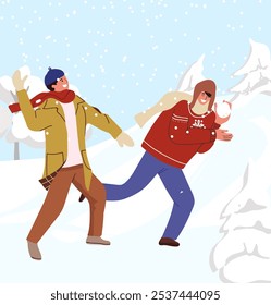 Jóvenes, adolescentes con bufandas, ropa abierta, jugando bolas de nieve, emoción, diversión. Invierno. Niños jugando bolas de nieve en estilo dibujado a mano. Ilustración vectorial plana.