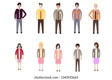 Young people, teenagers and students. Fashion man and woman in modern clothes. Different characters stay on white background.