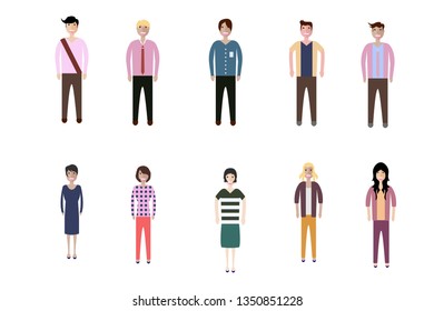 Young people, teenagers and students. Fashion man and woman in modern clothes. Different characters stay on white background