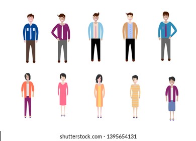 Young people, teenagers and students. Fashion man and woman in modern clothes. Different characters stay on white background