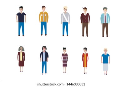 Young people, teenagers and students. Fashion man and woman in modern clothes. Different characters stay on white background.