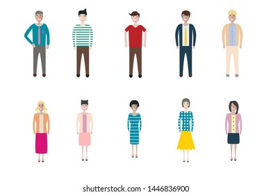 Young people, teenagers and students. Fashion man and woman in modern clothes. Different characters stay on white background