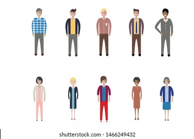 Young people, teenagers and students. Fashion man and woman in modern clothes. Different characters stay on white background.