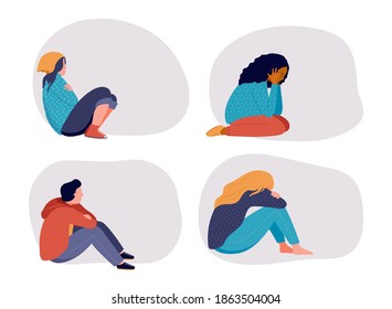 Young people, teenagers, suffering from psychological diseases, anxiety. Girls and boys sitting sad by the window or wall. Vector illustration