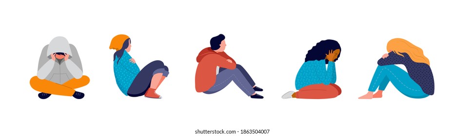 Young people, teenagers, suffering from psychological diseases, anxiety. Girls and boys sitting sad by the window or wall. Vector illustration