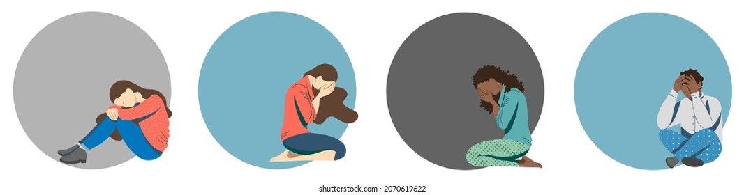 Young people, teenagers suffering from psychological diseases, depression, anxiety. Girls and young people are sitting sadly on the floor, covering their faces with their hands