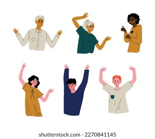 Young people with their hands raised set. Guys and girls gesturing with raising hands cartoon vector illustration