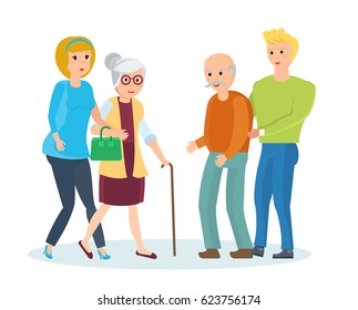 Young people with their relatives walk, help them, and share time. Modern vector illustration isolated in cartoon style.