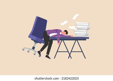 Young people are tired because of the work piled up in the office. Stress in office concept. Colored flat Vector Illustration.