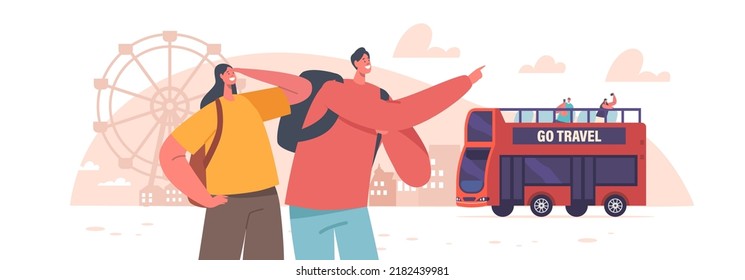 Young People Tourists Visit Foreign Landmarks by Double Decker Bus. Youth Man and Woman In Casual Clothes Stand Near Autobus Look on Sightseeing. Characters Summer Travel. Cartoon Vector Illustration