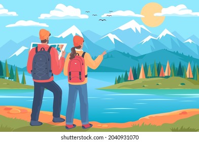 Young people tourists walk through the mountains trek 