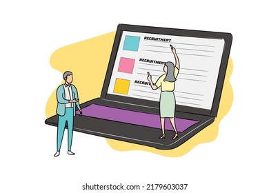 Young people try to find a job from website. Vector illustration design.