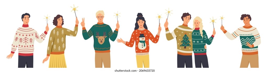 Young people in ugly sweaters with sparklers. Men and women celebrate New Year and Christmas. Flat vector illustration