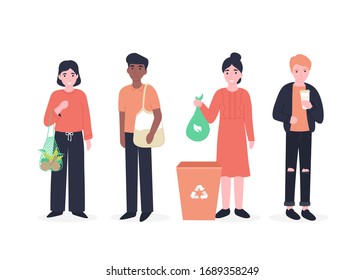 Young people use eco-friendly grocery bags, coffee in reusable glass, sorting garbage. Eco characters, ecobags. Save the planet, zero waste lifestyle, Earth day. Flat vector cartoon illustration.