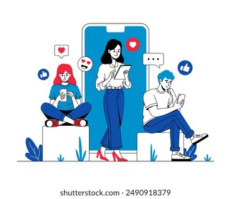 Los jóvenes usan dispositivos en las redes sociales. Ilustración conceptual de gadgets y adicción a las redes sociales. Ilustración vectorial