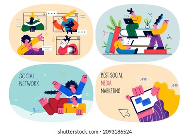 Young people use gadgets study social media marketing in online school or university. Students learn smm on web course or training. Remote education. Communication. Flat vector illustration. Set.