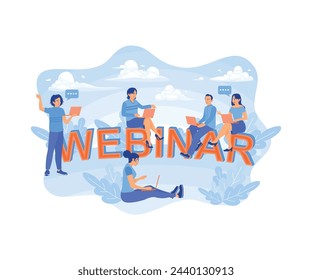 Young people use laptops to do distance learning. Teenagers gather and learn together. Business Seminar  Webinar concept. Flat vector illustration.