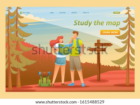 Young people use the map in the forest, camping. Flat 2D character. Landing page concepts and web design
