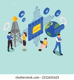 Young people use modern mobile phone with eSIM card chip isometric 3d vector illustration concept for banner, website, illustration, landing page, flyer, etc.