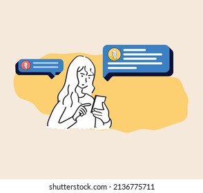 Young people use Smartphone and Surfing in Social Media. Girl Chatting, Liking Photos and Make Video Call with Friends in Mobile App. Flat Cartoon Vector Illustration.
