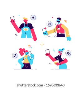 Young People use Smartphones, Chatting, making Selfie and listening Music. Happy Boys and Girls talking and typing on Phone. Female and Male Characters collection. Flat Cartoon Vector Illustration.