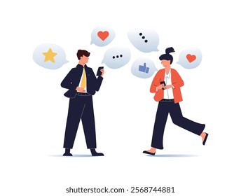 Young People use Smartphones, Chatting, making Selfie and listening Music. Happy Boys and Girls talking and typing on Phone. Female and Male Characters collection. Flat Cartoon Vector Illustration.