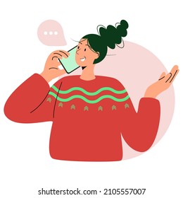 Young people use smartphones, communicate. Happy woman talking on the phone. Vector flat cartoon.