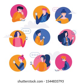 Young People use Smartphones, influencer use mobile phone, Happy Boys and Girls chatting, talking and typing on Phone Vector illustration