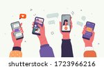 Young People use Smartphones and Surfing in Social Media. Boys and Girls Chatting, Watching Video, Liking Photos. Female and Male Characters Talking in Mobile App. Flat Cartoon Vector Illustration.